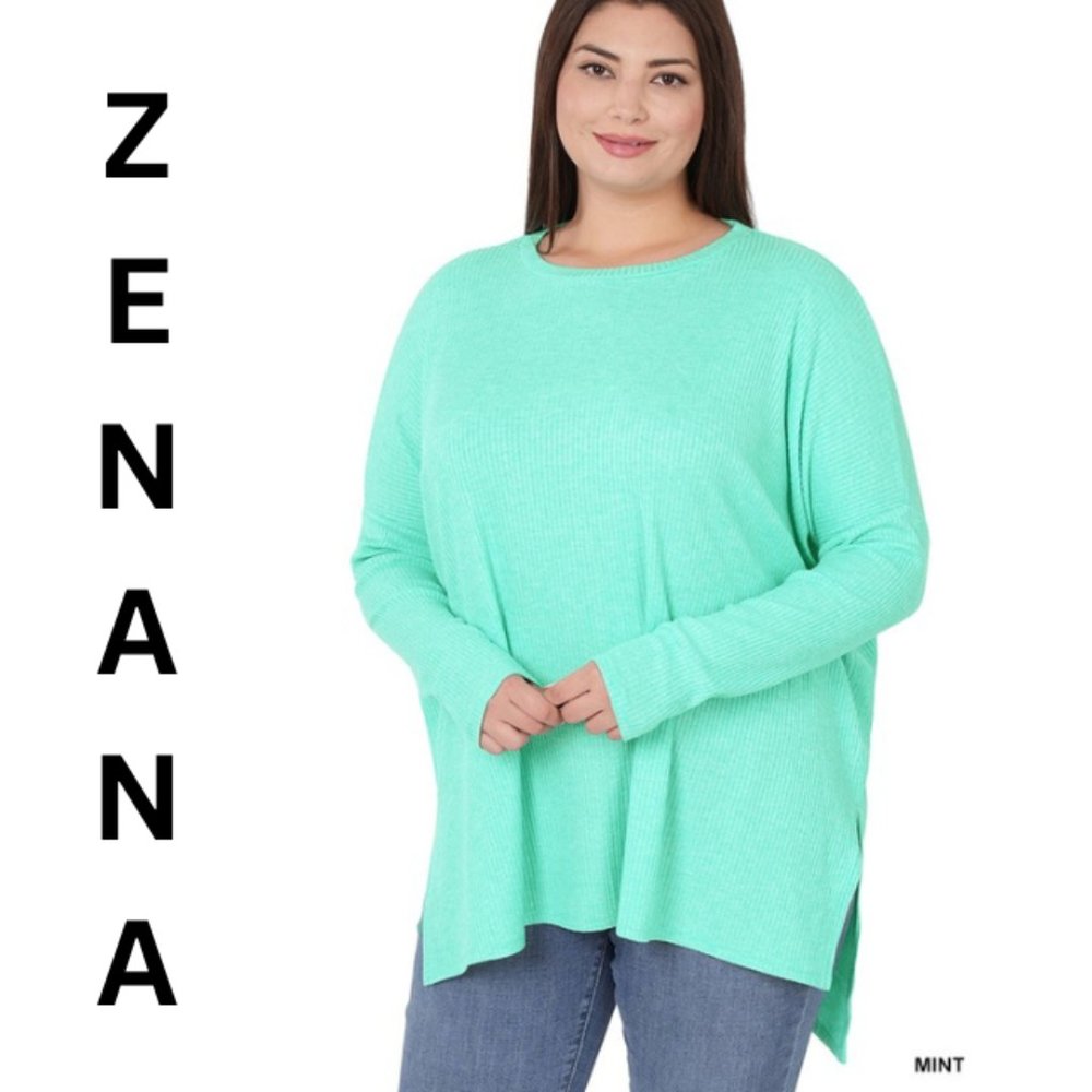 Zenana Plus Round Neck Heather Ribbed Sweater